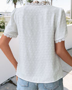 Women's Lace-Trimmed Textured Blouse with V-Neckline