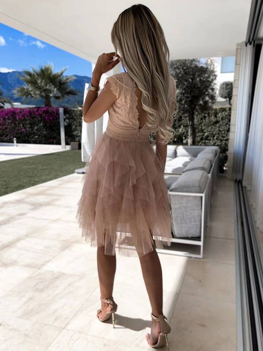Women's Sleeveless Lace Tulle Mini Dress with V-Neck and Tiered Skirt