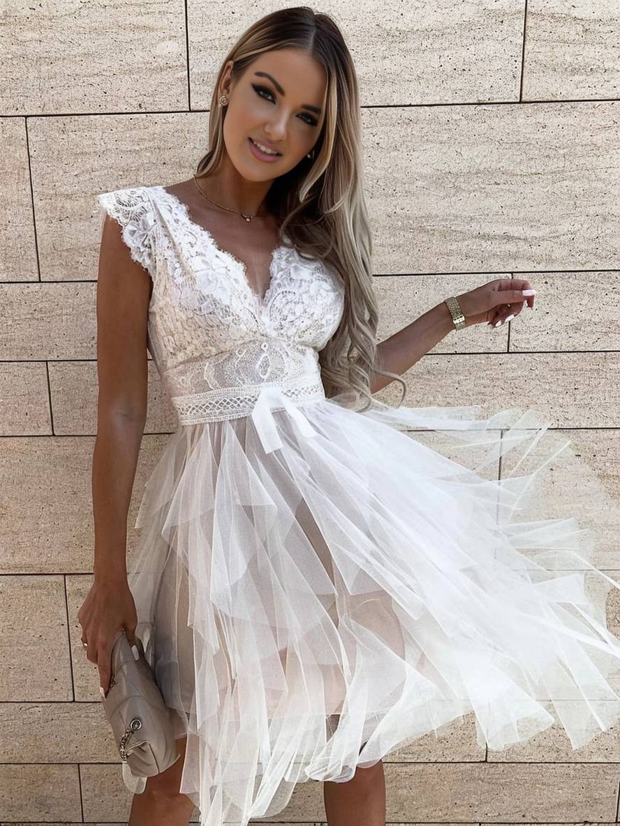 Women's Sleeveless Lace Tulle Mini Dress with V-Neck and Tiered Skirt