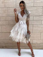 Women's Sleeveless Lace Tulle Mini Dress with V-Neck and Tiered Skirt