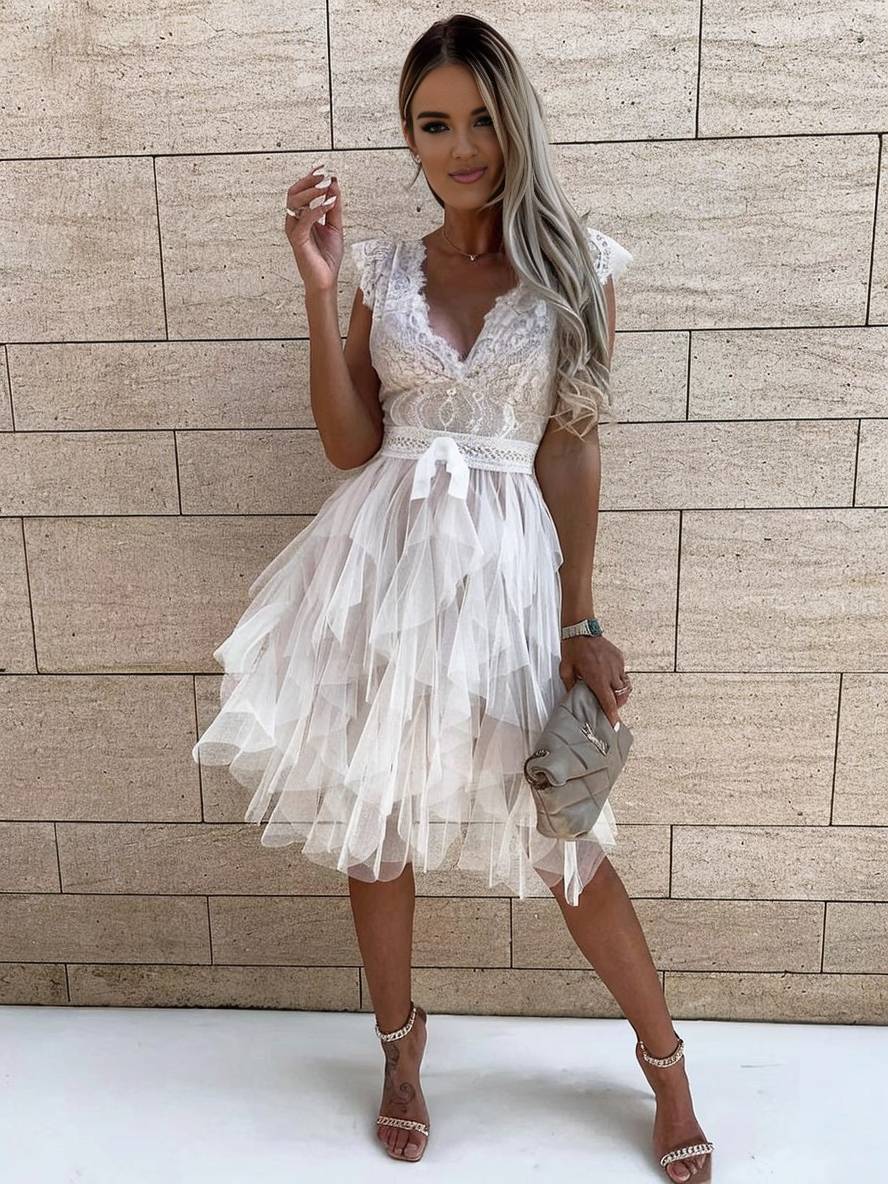 Women's Sleeveless Lace Tulle Mini Dress with V-Neck and Tiered Skirt