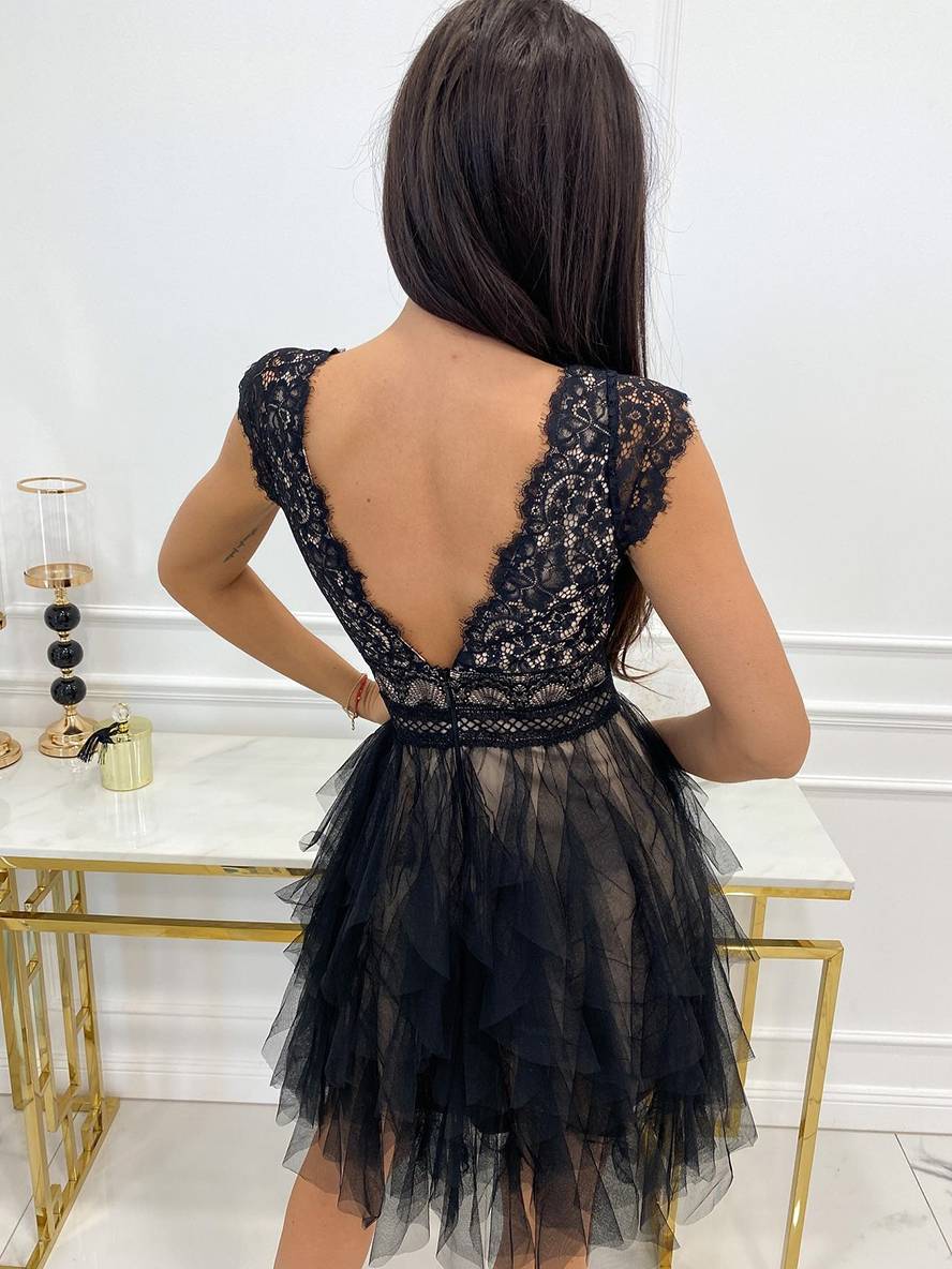 Women's Sleeveless Lace Tulle Mini Dress with V-Neck and Tiered Skirt