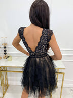 Women's Sleeveless Lace Tulle Mini Dress with V-Neck and Tiered Skirt