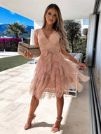 Women's Sleeveless Lace Tulle Mini Dress with V-Neck and Tiered Skirt