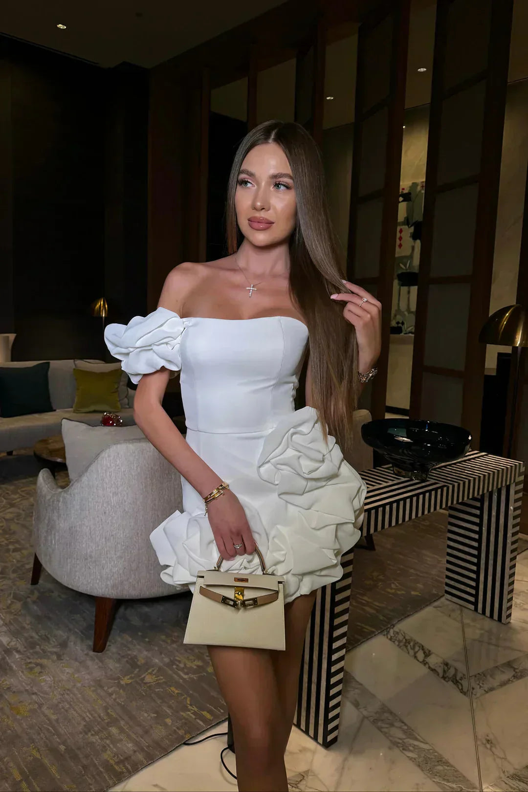 White One Shoulder Mini Dress with Flounce Hem