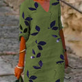 Women's Leaf Print Midi Dress with V-Neck and Rolled Sleeves