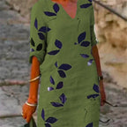 Women's Leaf Print Midi Dress with V-Neck and Rolled Sleeves