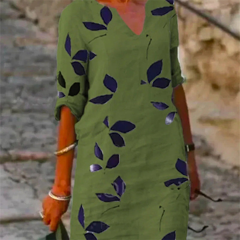 Women's Leaf Print Midi Dress with V-Neck and Rolled Sleeves