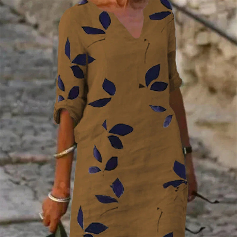 Women's Leaf Print Midi Dress with V-Neck and Rolled Sleeves
