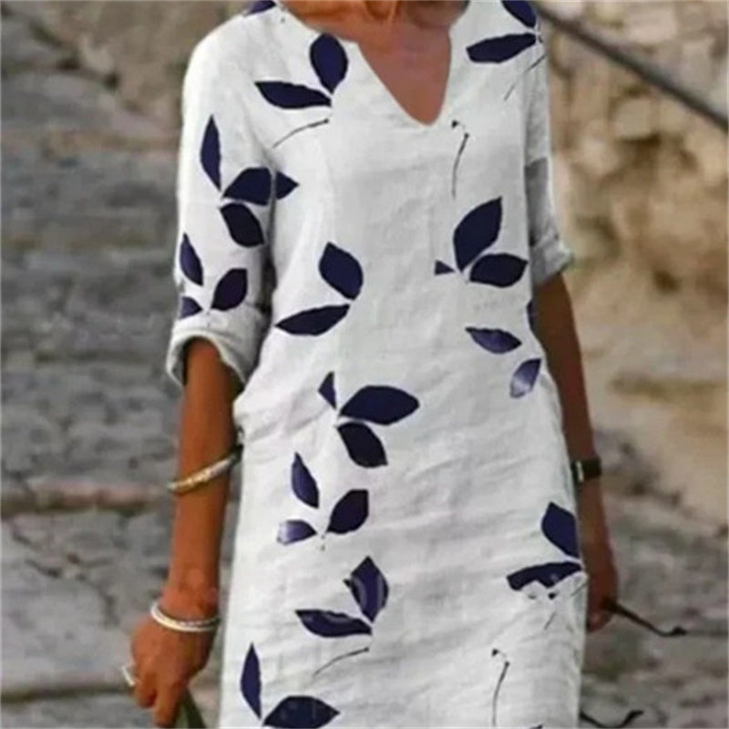 Women's Leaf Print Midi Dress with V-Neck and Rolled Sleeves