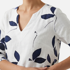 Women's Leaf Print Midi Dress with V-Neck and Rolled Sleeves