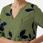Women's Leaf Print Midi Dress with V-Neck and Rolled Sleeves