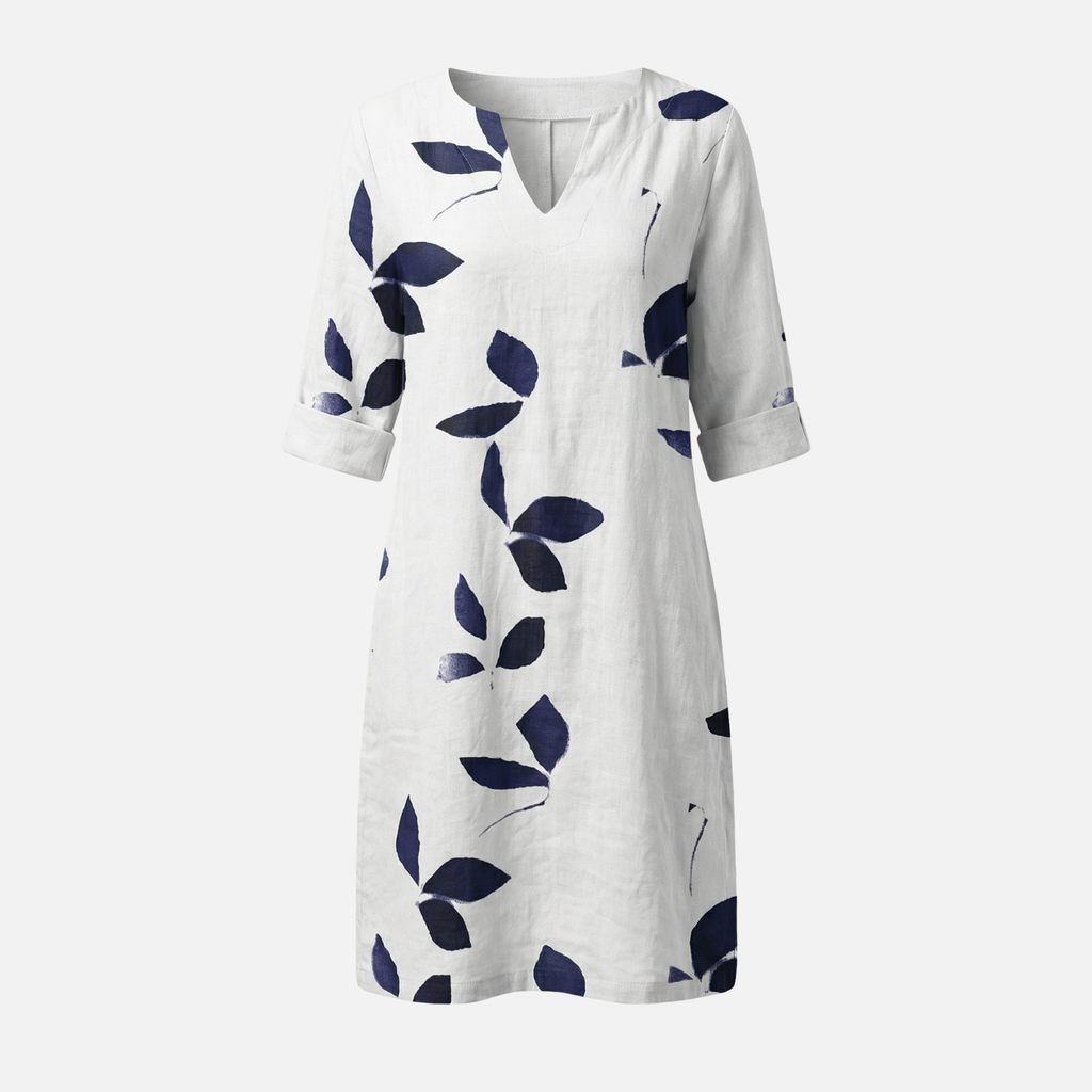 Women's Leaf Print Midi Dress with V-Neck and Rolled Sleeves
