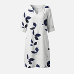 Women's Leaf Print Midi Dress with V-Neck and Rolled Sleeves