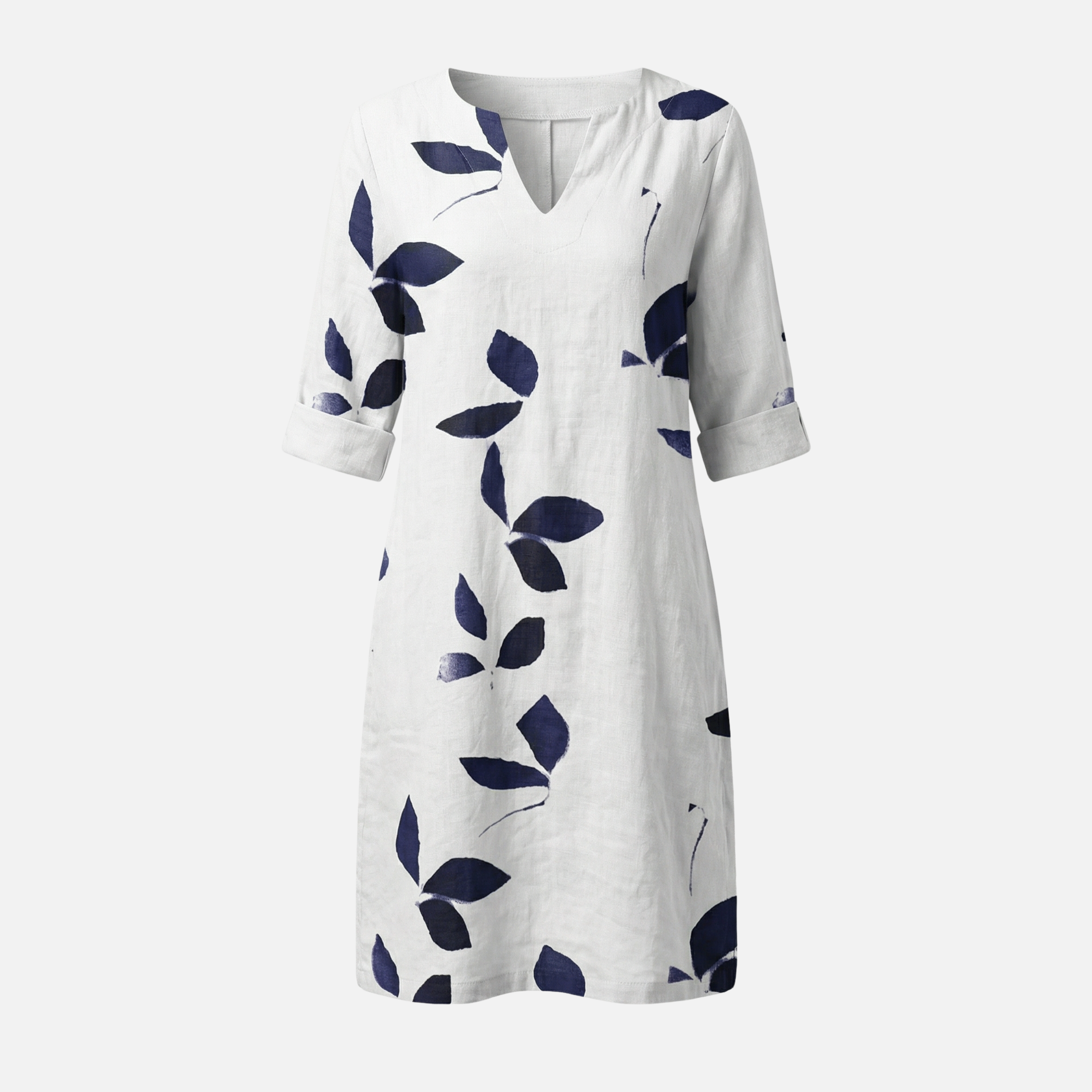 Women's Leaf Print Midi Dress with V-Neck and Rolled Sleeves
