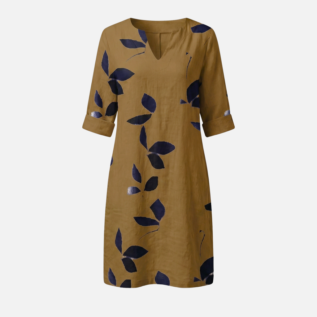Women's Leaf Print Midi Dress with V-Neck and Rolled Sleeves