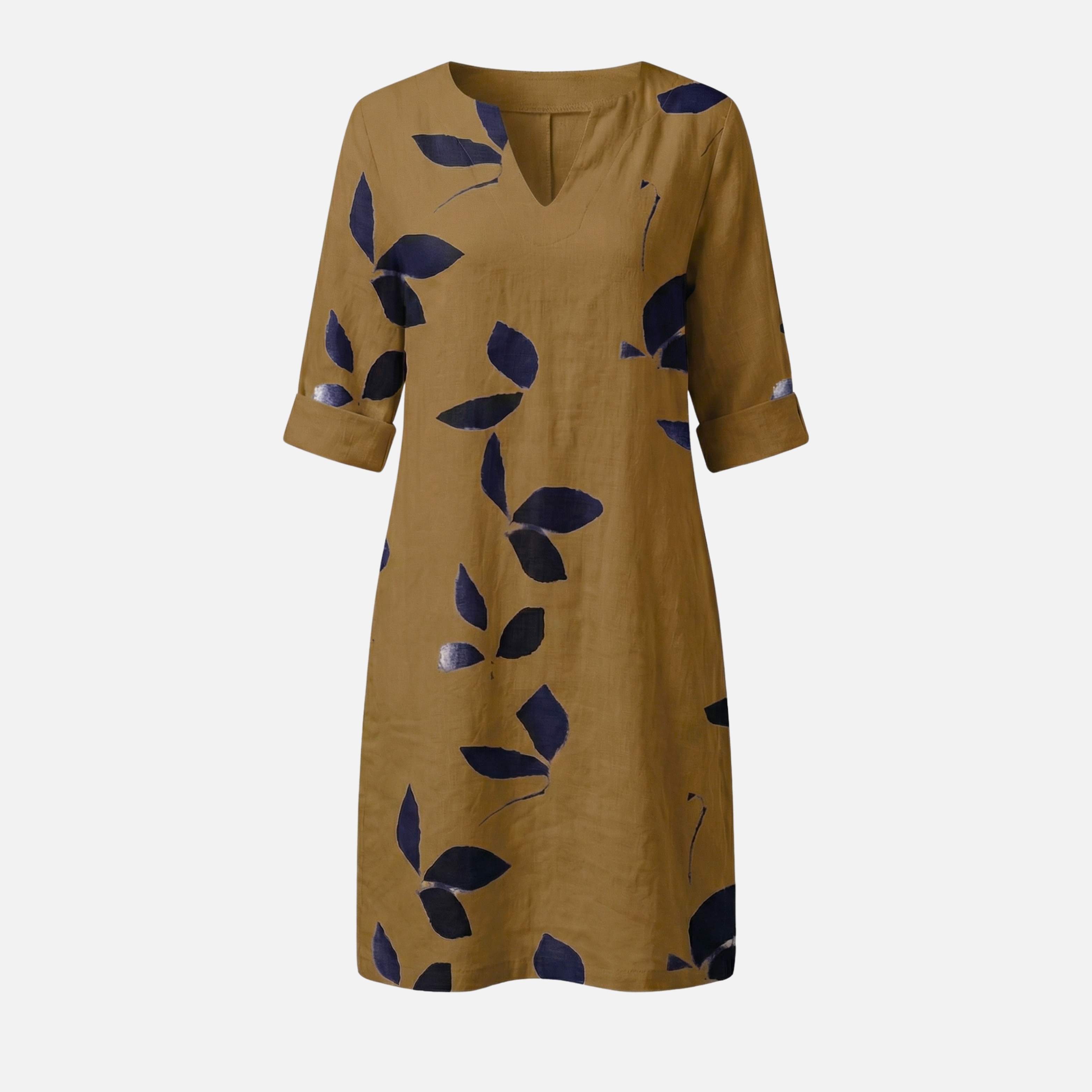 Women's Leaf Print Midi Dress with V-Neck and Rolled Sleeves