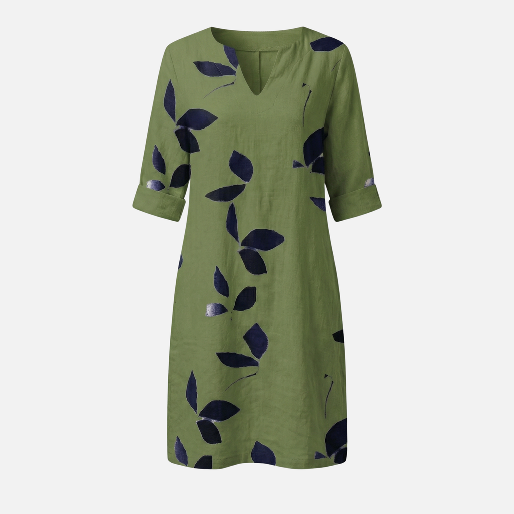 Women's Leaf Print Midi Dress with V-Neck and Rolled Sleeves