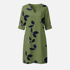 Women's Leaf Print Midi Dress with V-Neck and Rolled Sleeves