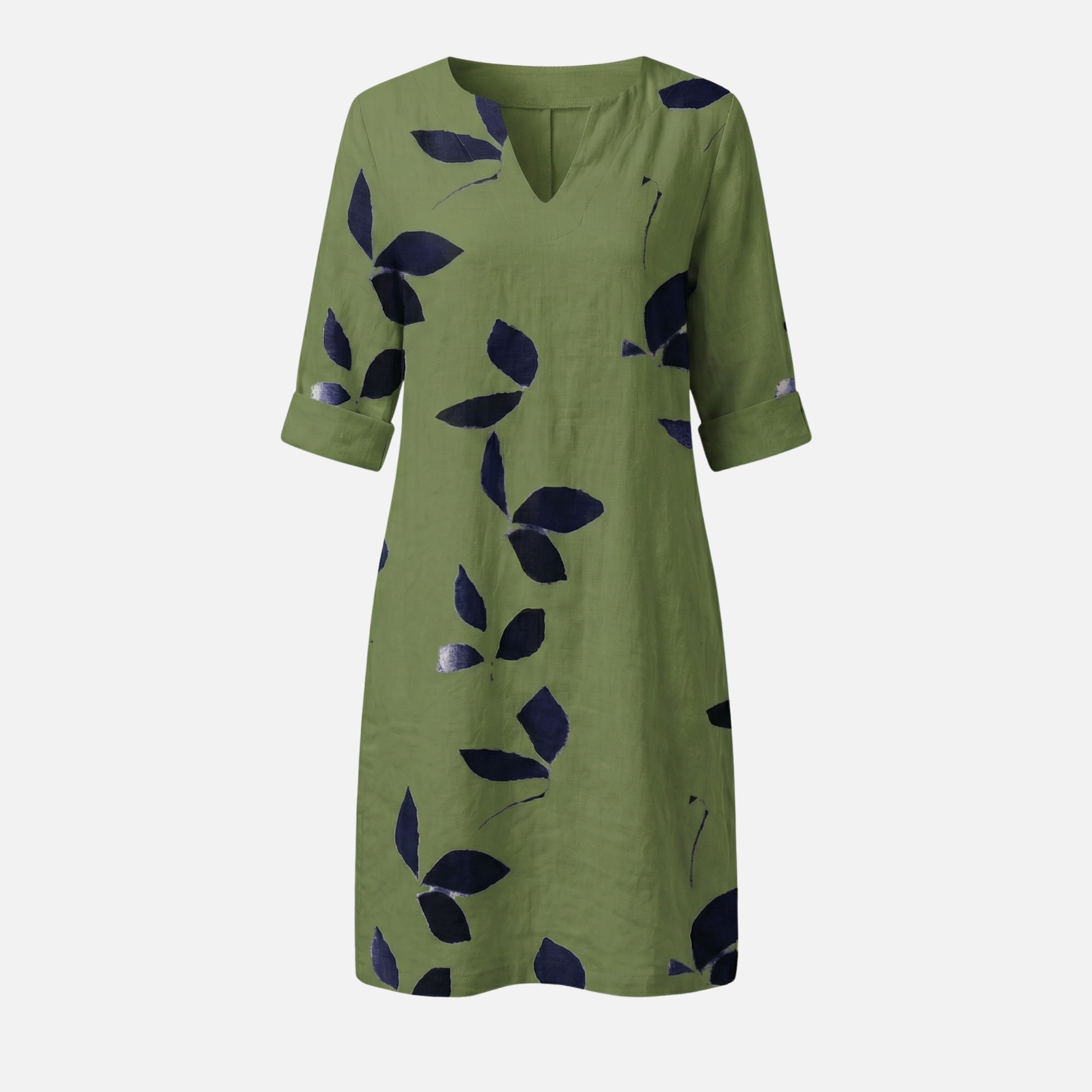 Women's Leaf Print Midi Dress with V-Neck and Rolled Sleeves