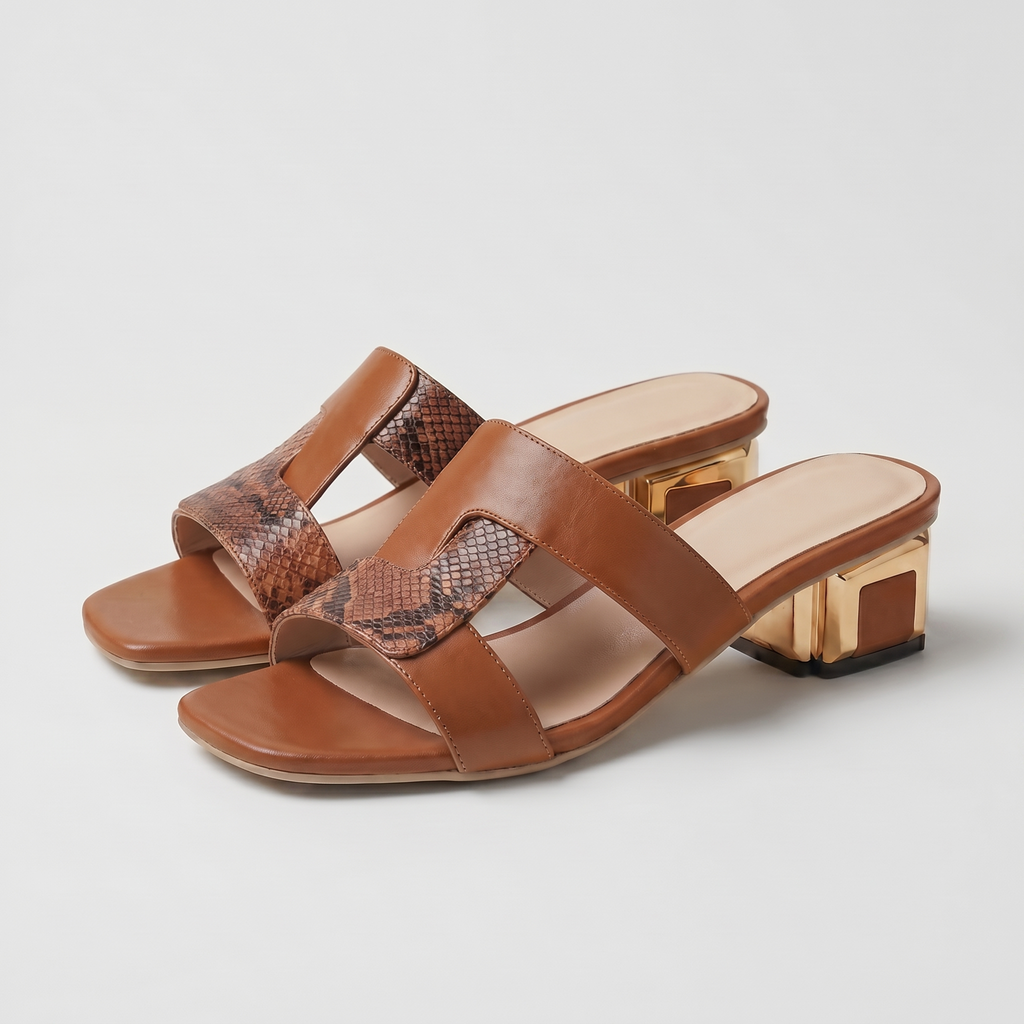 Women's Snake Print Slip-On Sandals with Gold Block Heel