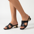 Women's Snake Print Slip-On Sandals with Gold Block Heel