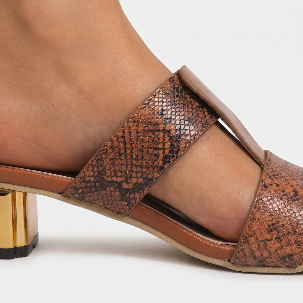 Women's Snake Print Slip-On Sandals with Gold Block Heel