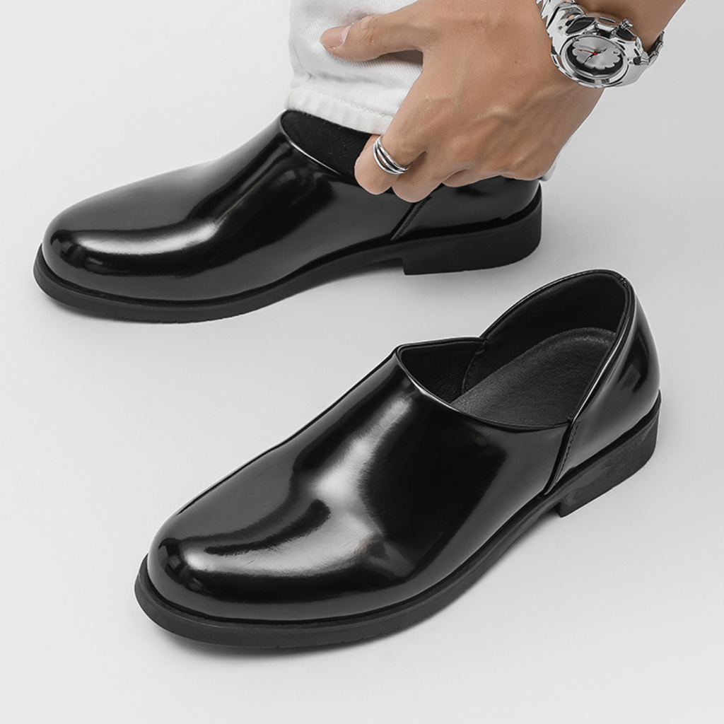 Men's Glossy Business Loafers with Low Block Heel