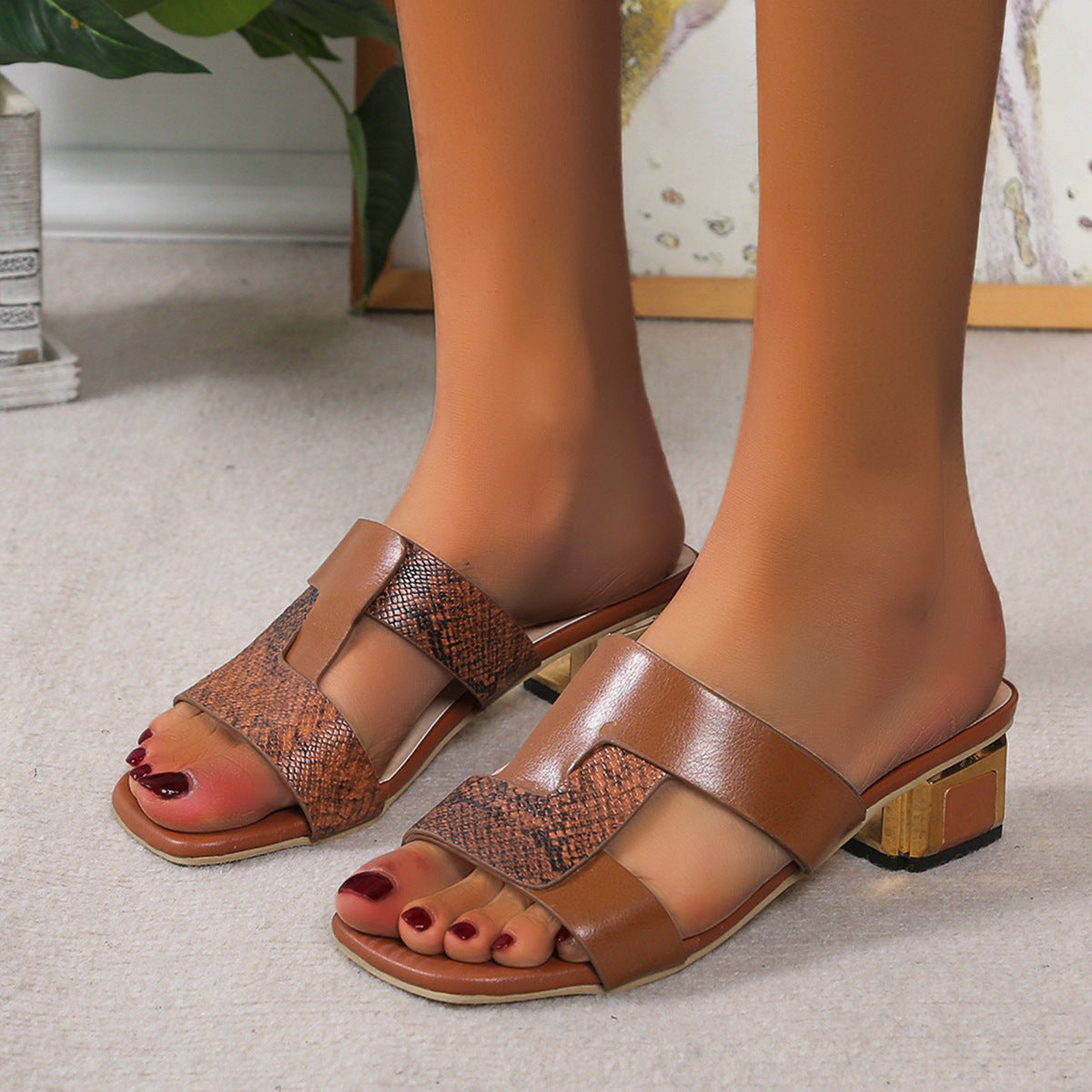 Women's Snake Print Slip-On Sandals with Gold Block Heel