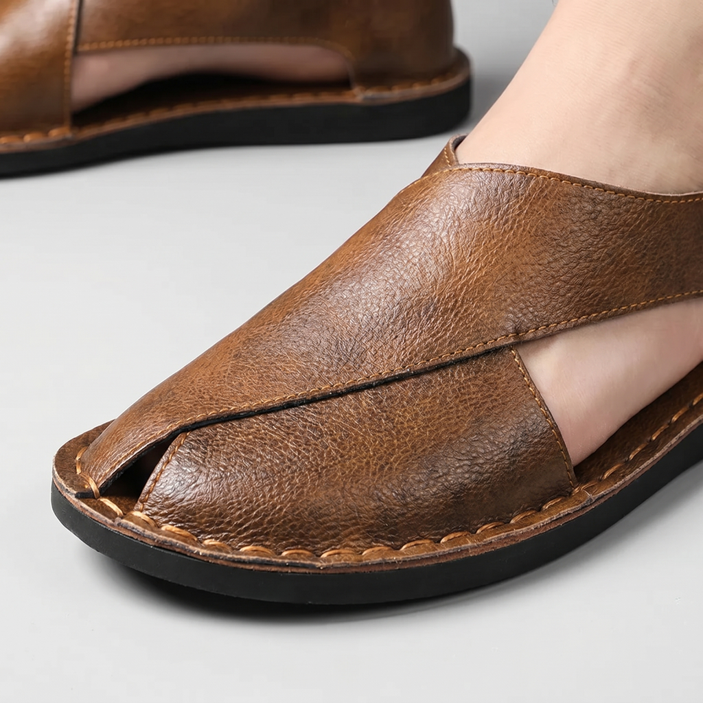 Men's Crossover Strap Leather-Look Sandal with Closed Toe