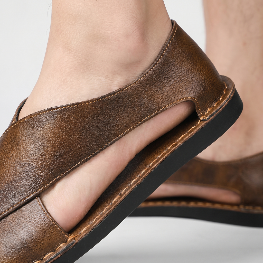 Men's Crossover Strap Leather-Look Sandal with Closed Toe