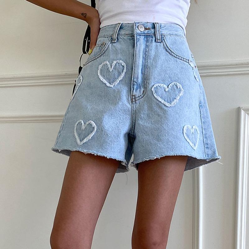 Women's Relaxed Denim Shorts with Heart Distressing