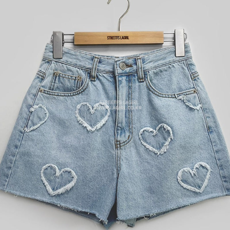 Women's Relaxed Denim Shorts with Heart Distressing