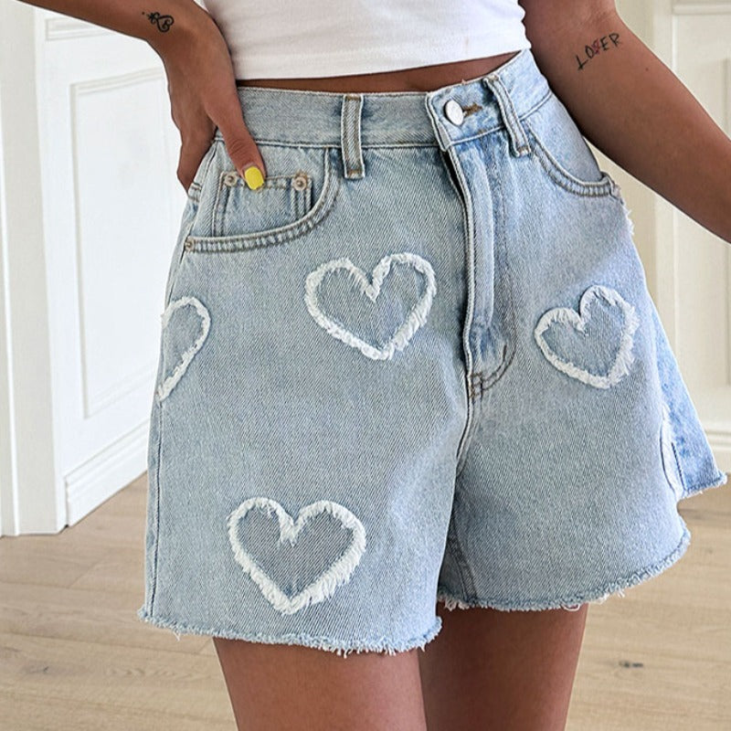 Women's Relaxed Denim Shorts with Heart Distressing