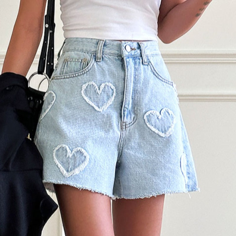 Women's Relaxed Denim Shorts with Heart Distressing