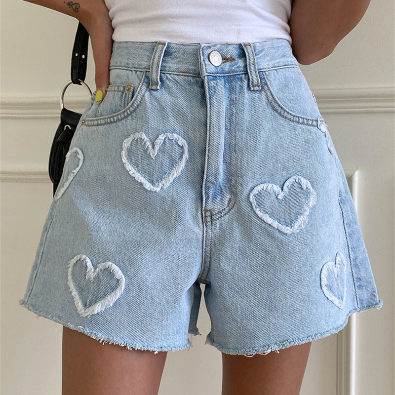 Women's Relaxed Denim Shorts with Heart Distressing