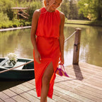 Women's Sleeveless Flowy Maxi Dress with Gathered High Neckline