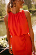 Women's Sleeveless Flowy Maxi Dress with Gathered High Neckline