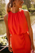 Women's Sleeveless Flowy Maxi Dress with Gathered High Neckline