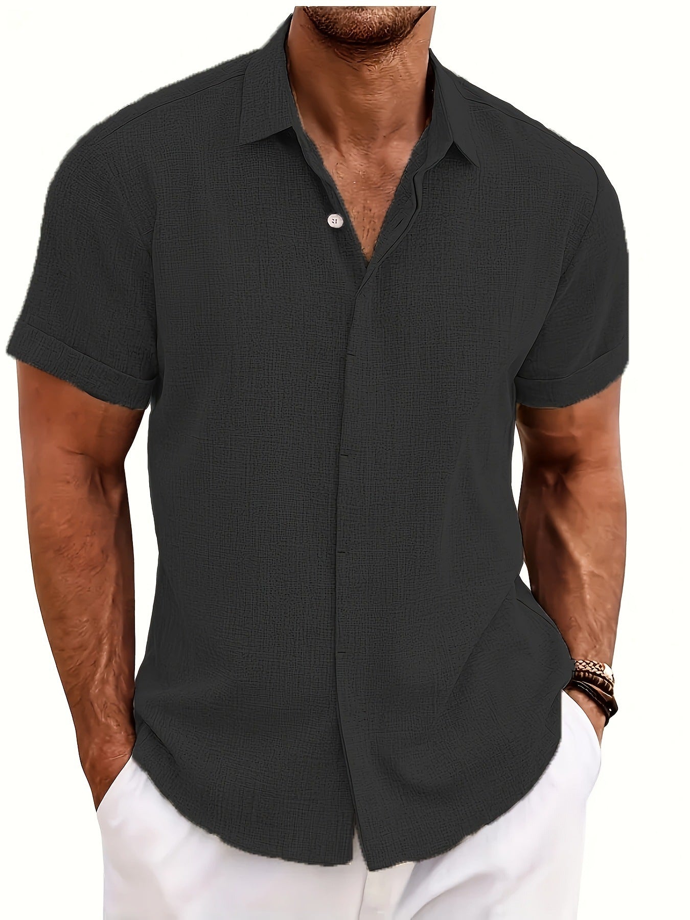 Men's Relaxed Linen-Texture Shirt with Spread Collar