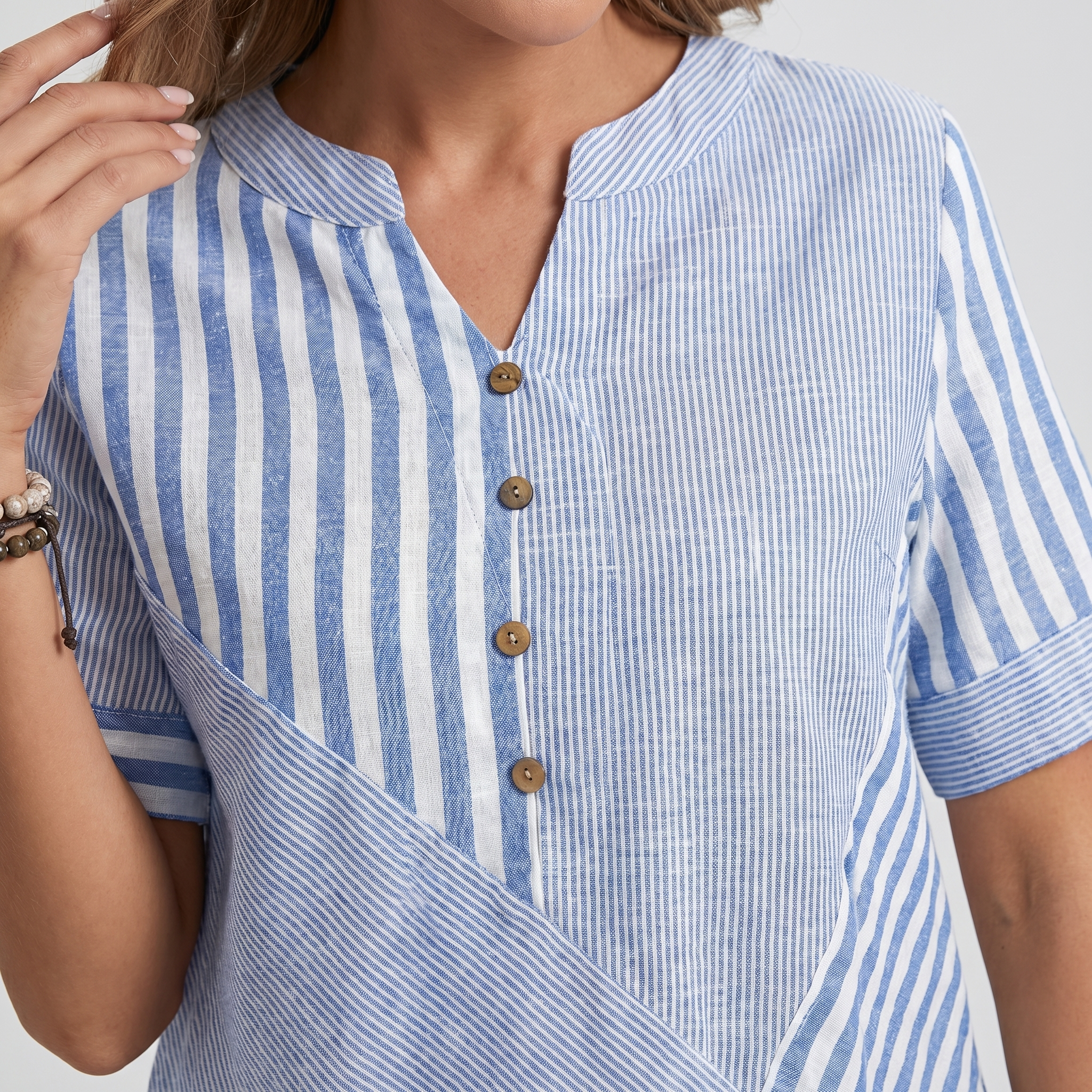 Women's Linen Blend Blouse with Asymmetrical Panel Design