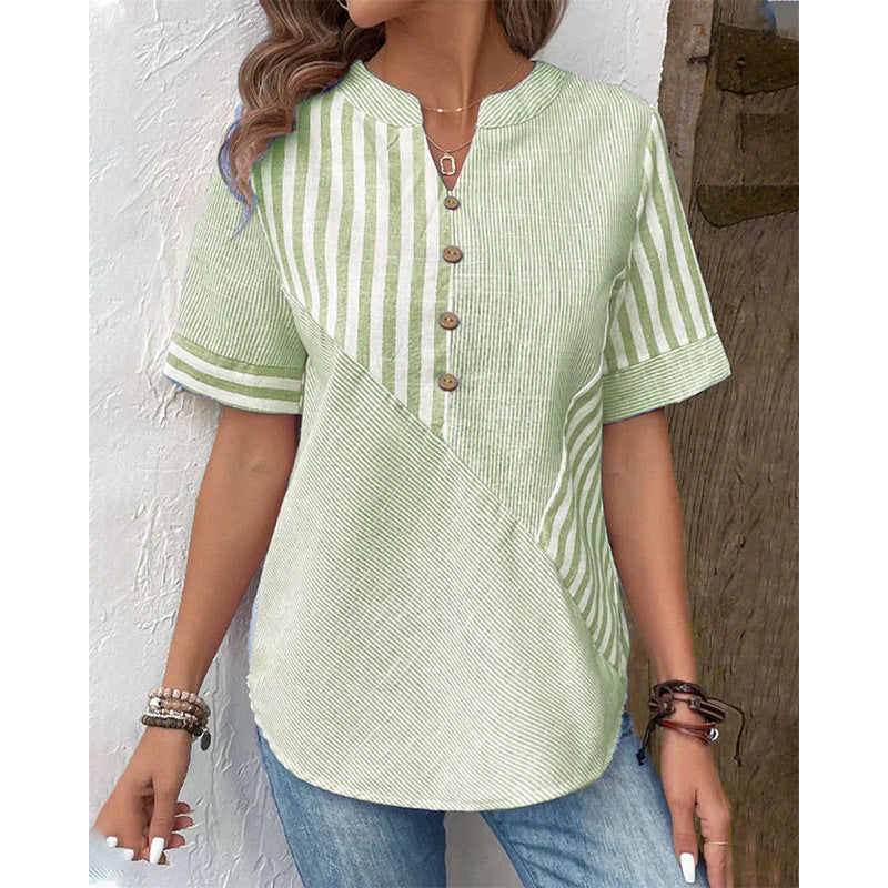 Women's Linen Blend Blouse with Asymmetrical Panel Design