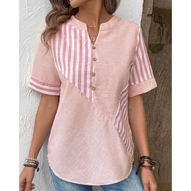 Women's Linen Blend Blouse with Asymmetrical Panel Design