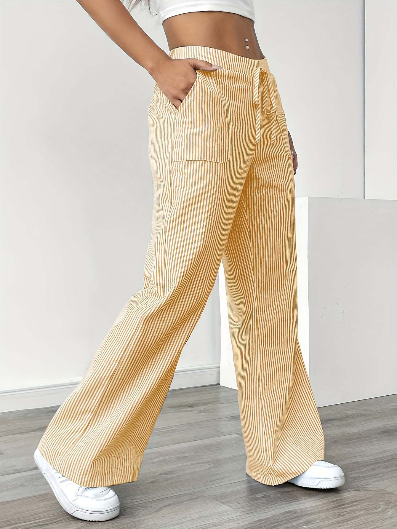 Women's Linen-Blend Wide-Leg Pants with Vertical Stripes