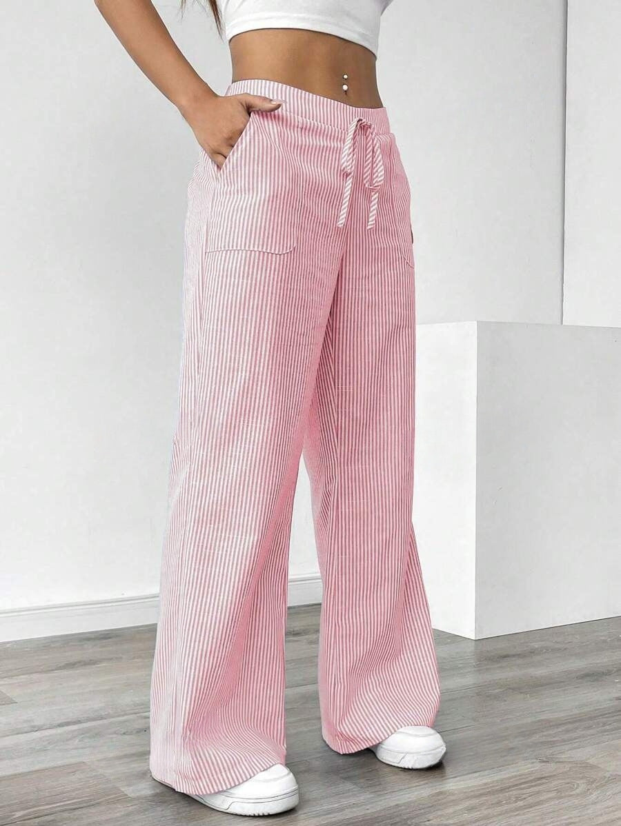 Women's Linen-Blend Wide-Leg Pants with Vertical Stripes
