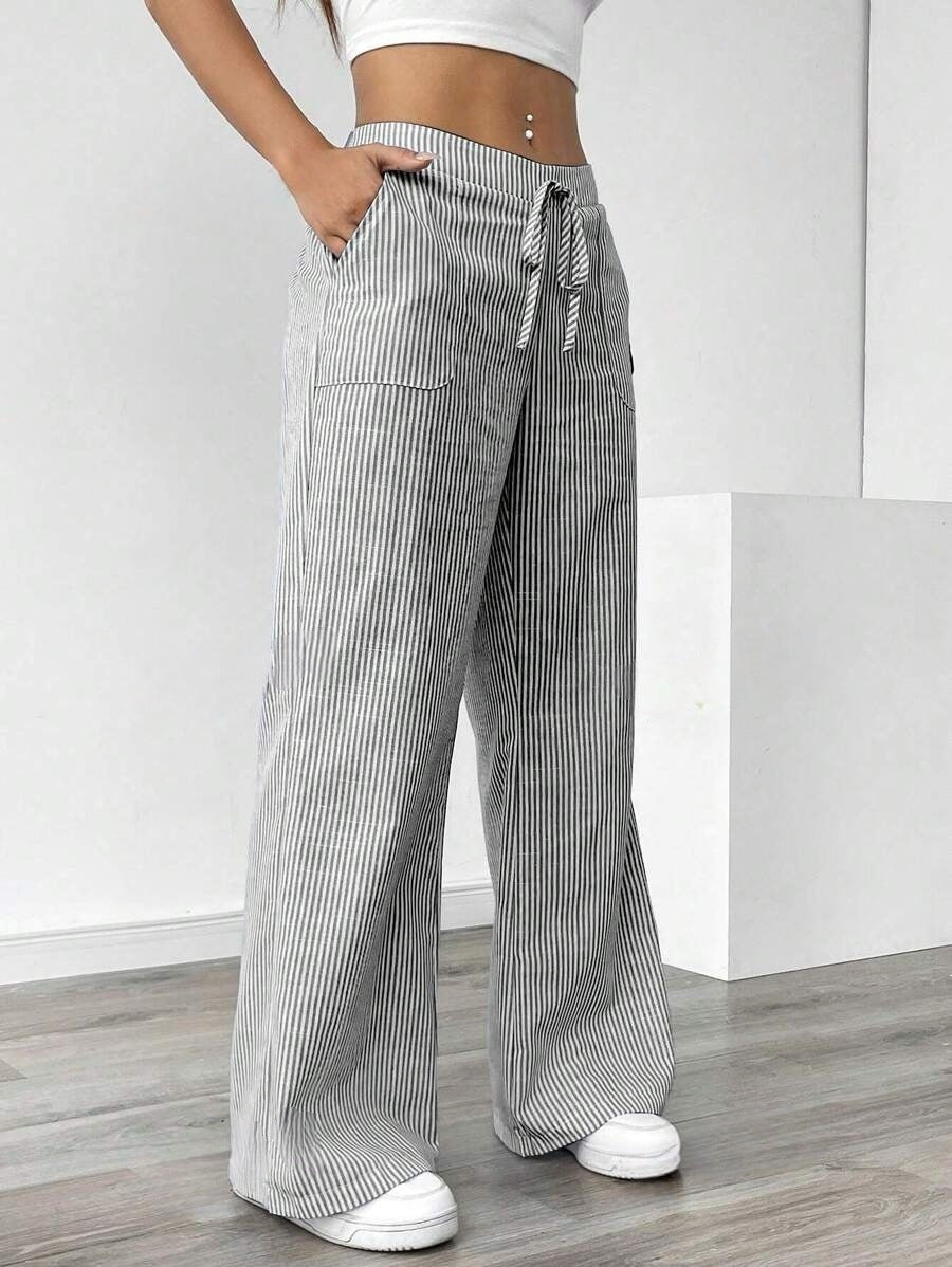 Women's Linen-Blend Wide-Leg Pants with Vertical Stripes