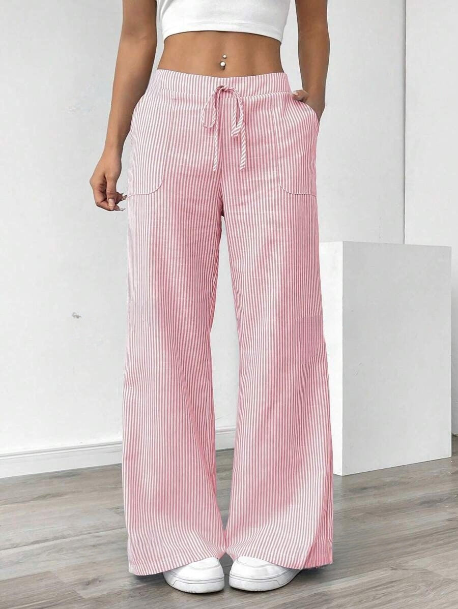 Women's Linen-Blend Wide-Leg Pants with Vertical Stripes