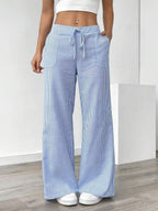 Women's Linen-Blend Wide-Leg Pants with Vertical Stripes