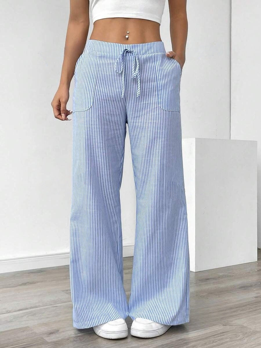 Women's Linen-Blend Wide-Leg Pants with Vertical Stripes
