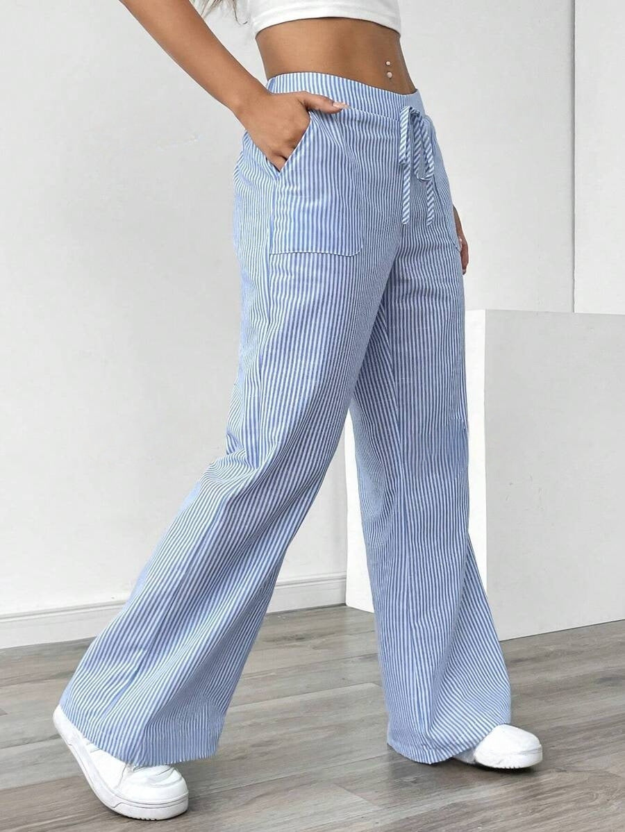 Women's Linen-Blend Wide-Leg Pants with Vertical Stripes